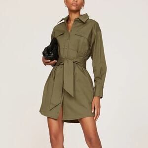 Marissa Webb Collective Shirt Dress Long Sleeve Belted Mini Safari Olive Green 4